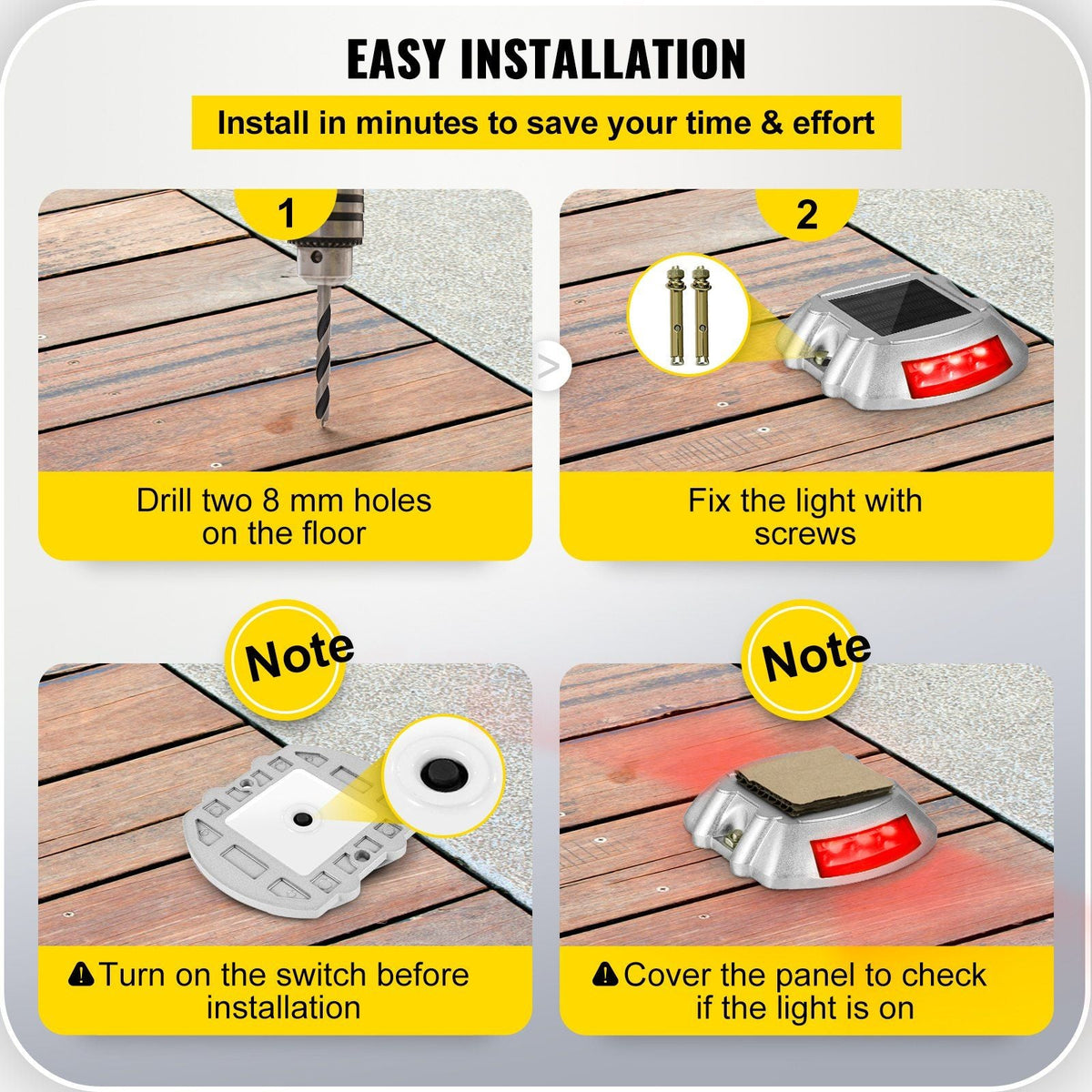 Driveway Lights, 4-Pack Solar Driveway Lights with Switch Button, Solar Deck Lights Waterproof, Wireless Dock Lights 6 LEDs for Path Warning Garden Walkway Sidewalk Steps, LED Bright Red