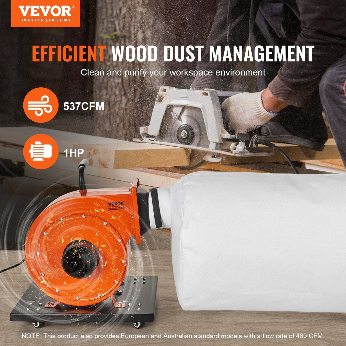 Dust Collector, 1HP 537 CFM Air Flow, Rolling Dust Collector with 21-Gallon Dust Collection Bag, 2.5 Micron Bag Filtration, Industrial Workshop Mobile Wood Dust Container with Handle and Wheels