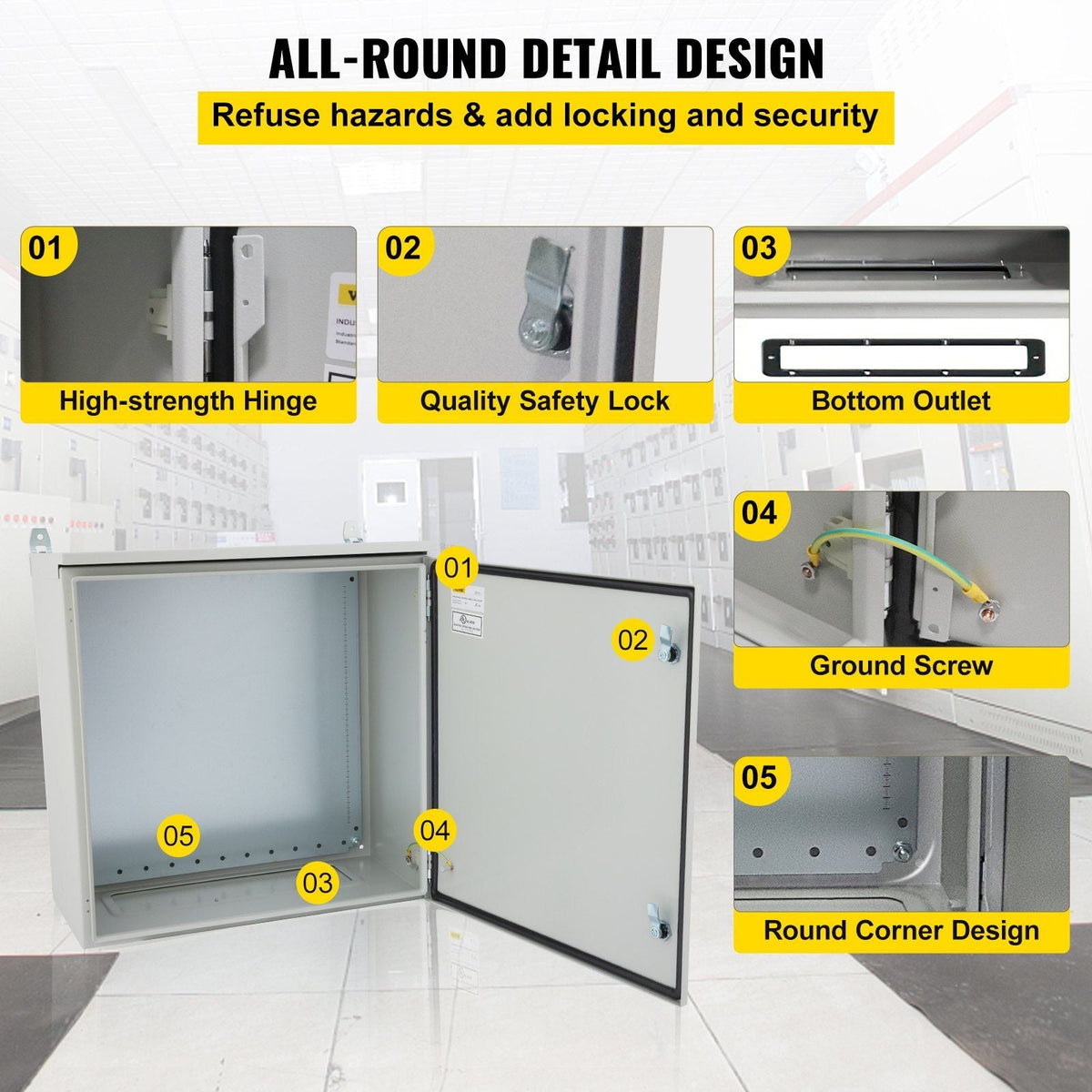 Electrical Enclosure, 28x20x8in, Tested to UL Standards NEMA 4 Outdoor Enclosure, IP65 Waterproof & Dustproof Cold-Rolled Carbon Steel Hinged Junction Box for Outdoor Indoor Use, with Rain Hood