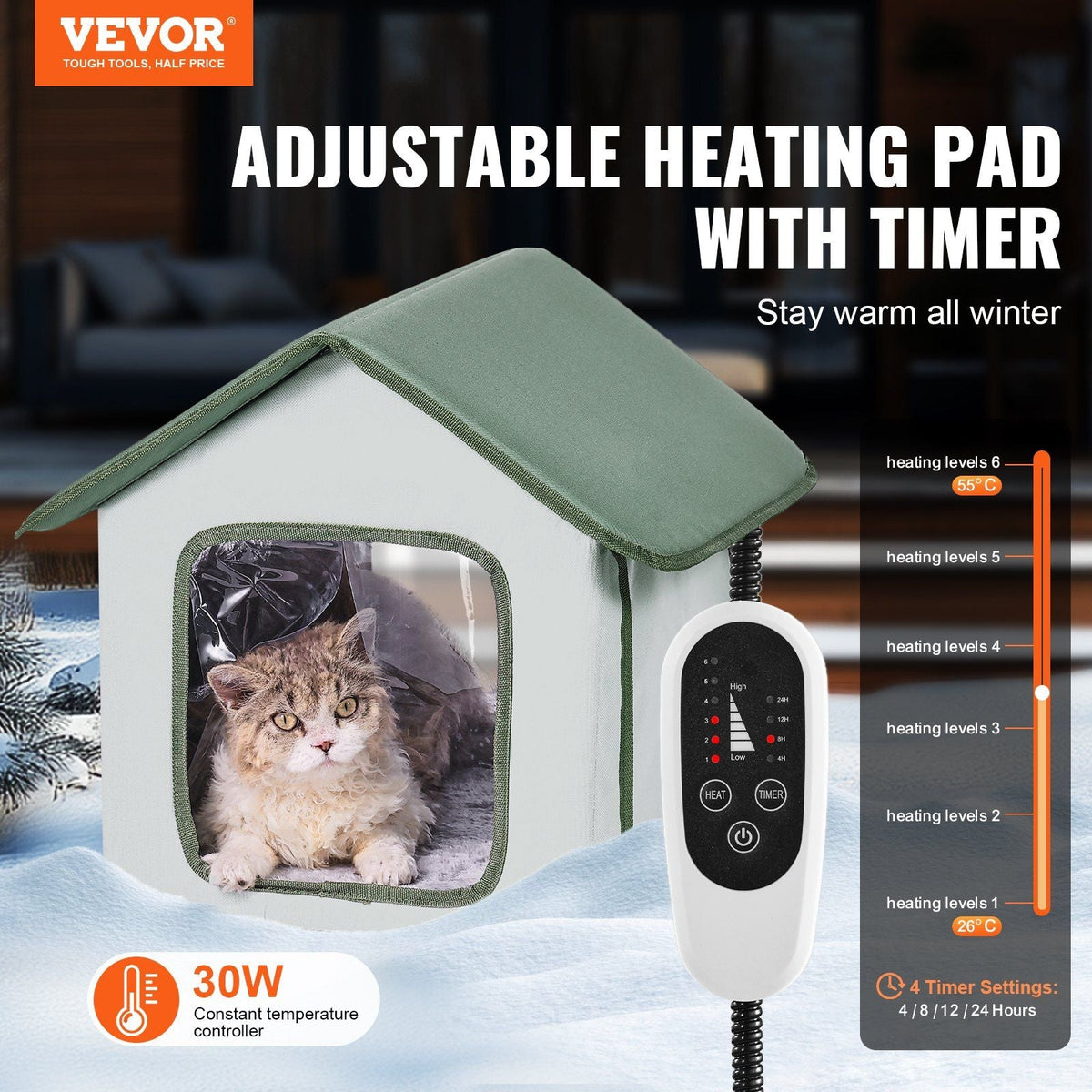 Elevated Heated Cat House Outdoor Kitty Shelter with Heated Pad Green (S)