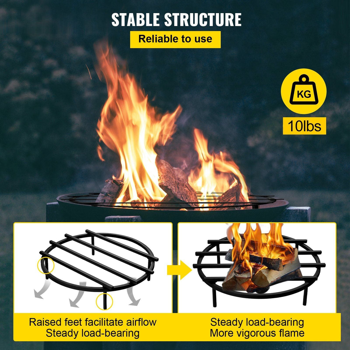 Fire Pit Grate, Heavy Duty Iron Round Firewood Grate, Round Wood Fire Pit Grate 18", Firepit Grate with Black Paint, Fire Grate with 4 Removable Square Legs for Burning Fireplace and Firepits