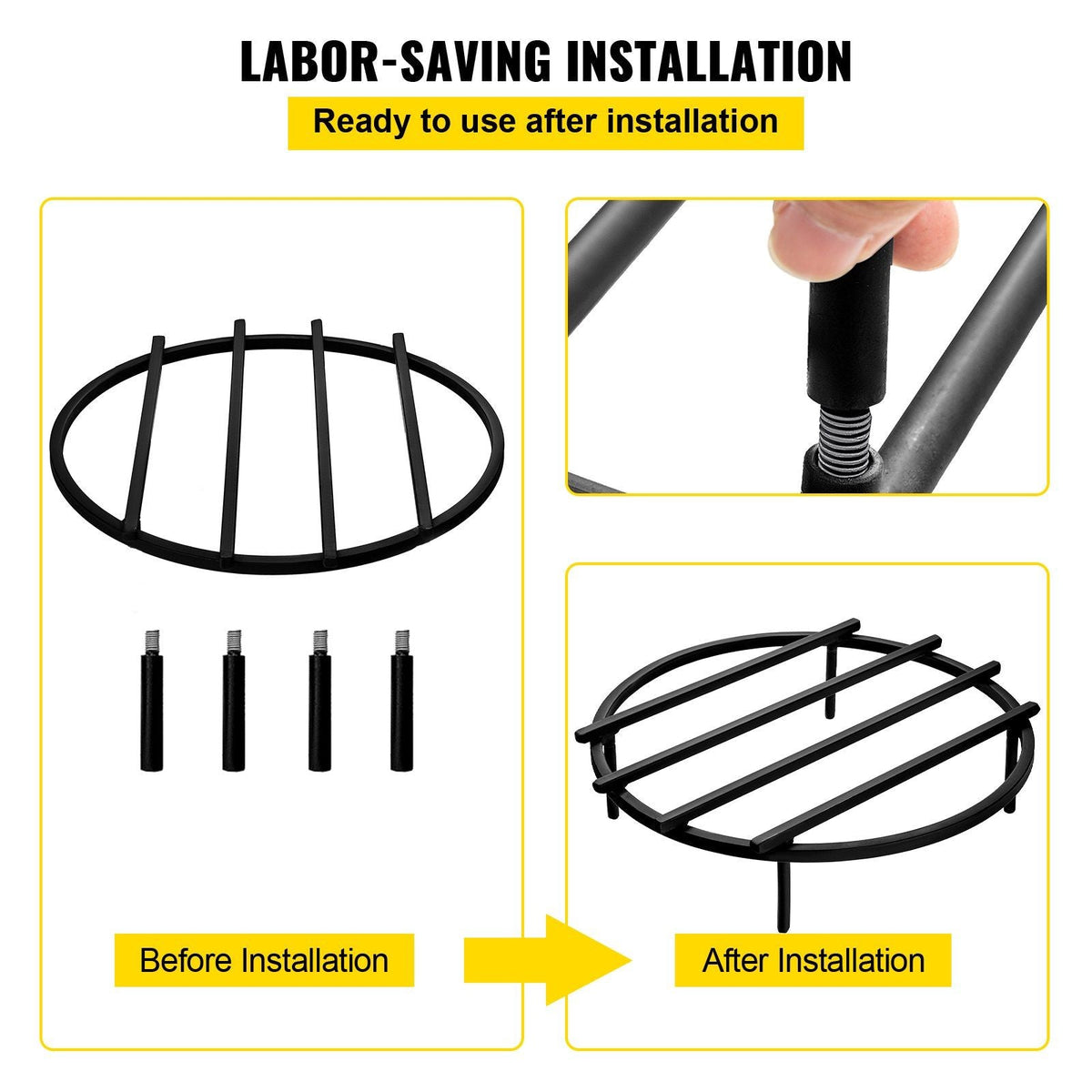 Fire Pit Grate, Heavy Duty Iron Round Firewood Grate, Round Wood Fire Pit Grate 18", Firepit Grate with Black Paint, Fire Grate with 4 Removable Square Legs for Burning Fireplace and Firepits