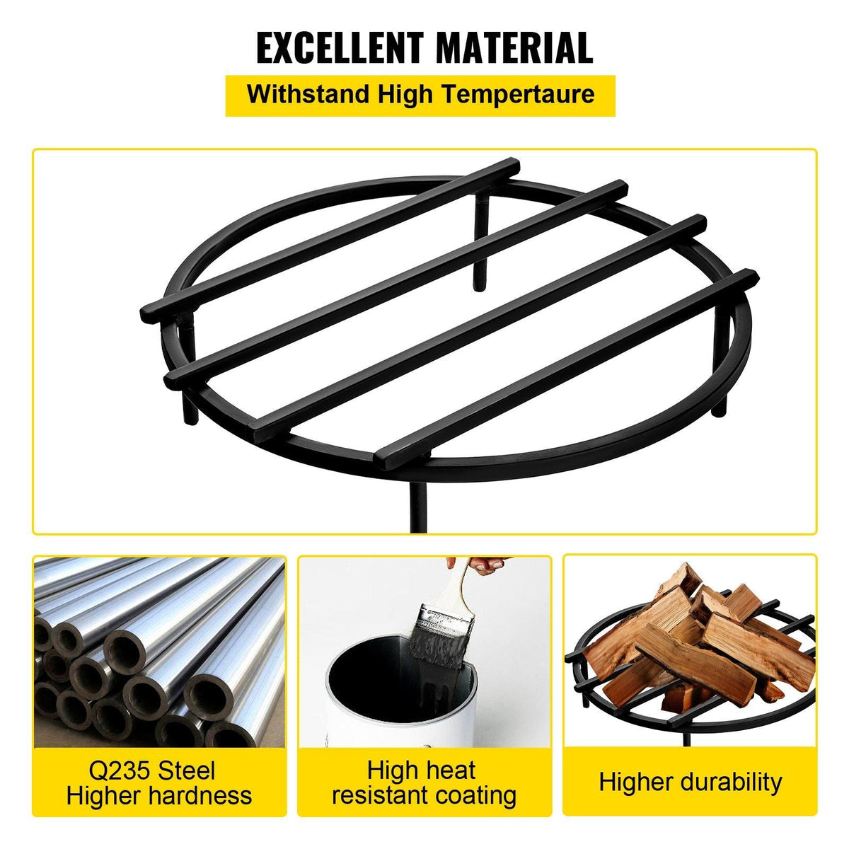 Fire Pit Grate, Heavy Duty Iron Round Firewood Grate, Round Wood Fire Pit Grate 18", Firepit Grate with Black Paint, Fire Grate with 4 Removable Square Legs for Burning Fireplace and Firepits