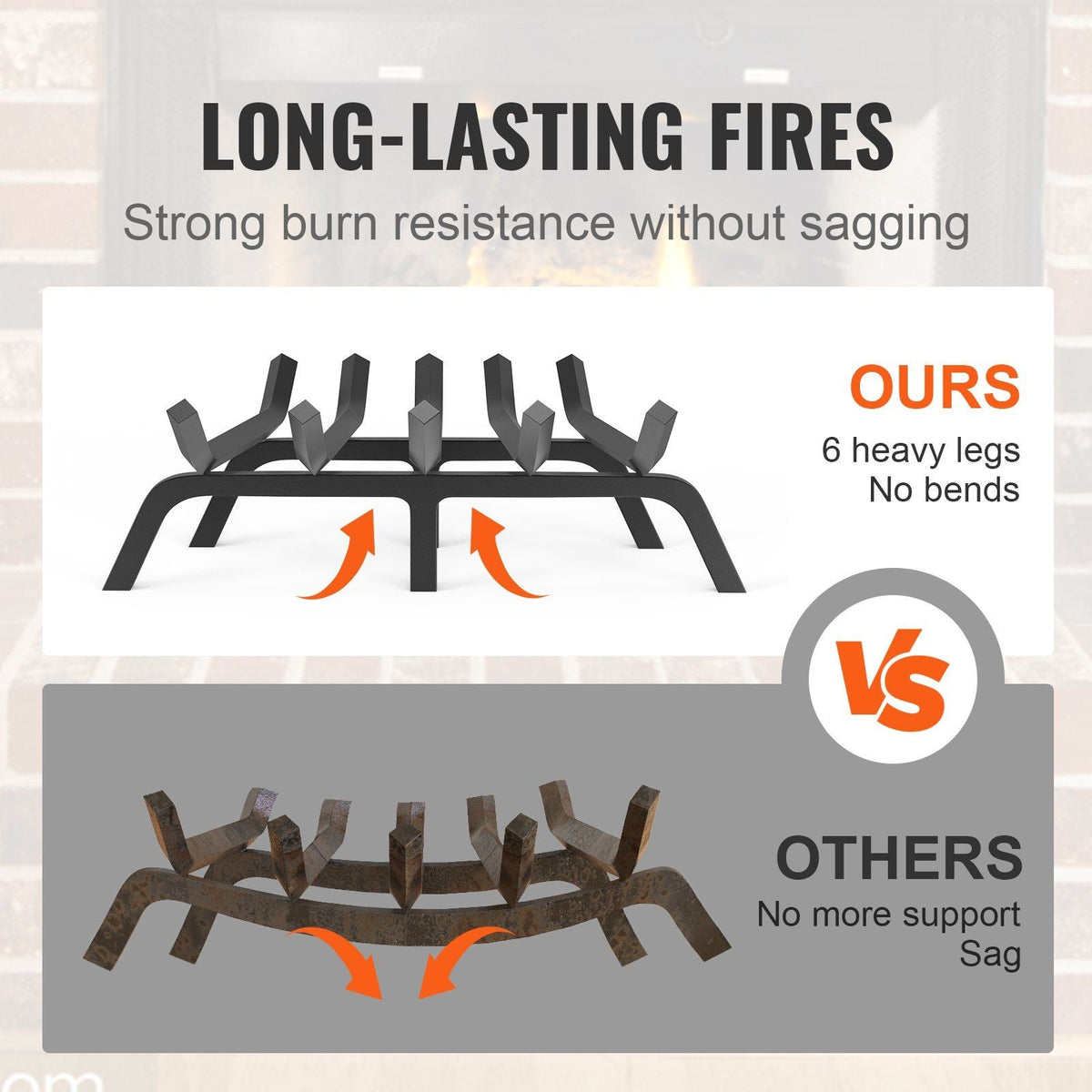 Fireplace Log Grate, 21 inch Heavy Duty Fireplace Grate with 6 Support Legs, 3/4'' Solid Powder-coated Steel Bars, Log Firewood Burning Rack Holder for Indoor and Outdoor Fireplace