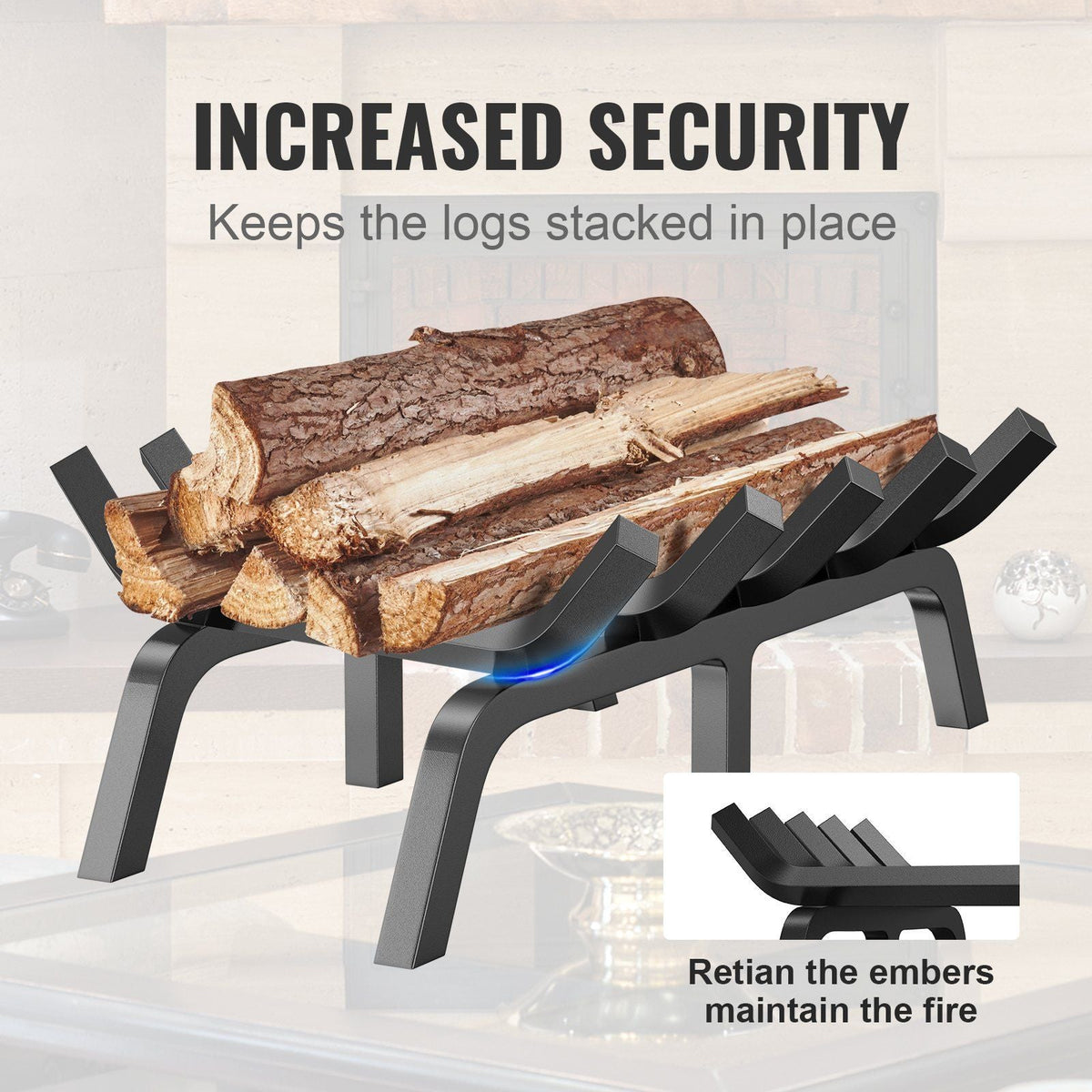 Fireplace Log Grate, 21 inch Heavy Duty Fireplace Grate with 6 Support Legs, 3/4'' Solid Powder-coated Steel Bars, Log Firewood Burning Rack Holder for Indoor and Outdoor Fireplace