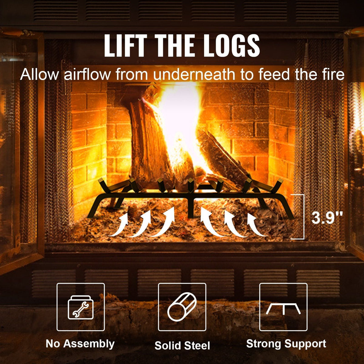 Fireplace Log Grate, 30 inch Heavy Duty Fireplace Grate with 6 Support Legs, 3/4'' Solid Powder-coated Steel Bars, Log Firewood Burning Rack Holder for Indoor and Outdoor Fireplace