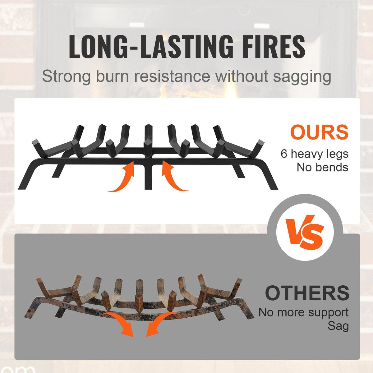 Fireplace Log Grate, 30 inch Heavy Duty Fireplace Grate with 6 Support Legs, 3/4'' Solid Powder-coated Steel Bars, Log Firewood Burning Rack Holder for Indoor and Outdoor Fireplace