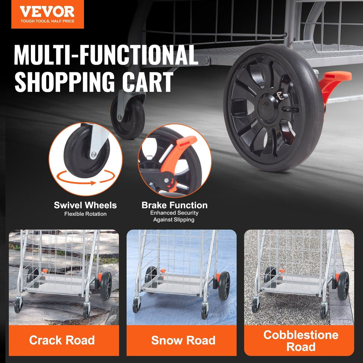 Folding Shopping Cart, 110 lbs Max Load Capacity, Grocery Utility Cart with Rolling Swivel Wheels, Heavy Duty Foldable Laundry Basket Trolley Compact Lightweight Collapsible for Luggage, Silver
