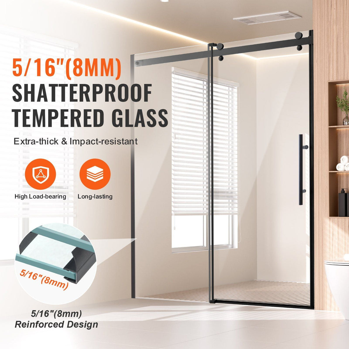 Frameless Shower Door 58-59" x 75" Tempered Glass 5/16" Matte Black