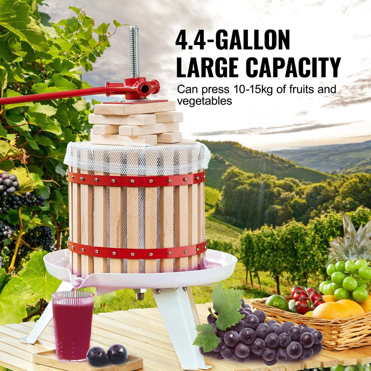 Fruit Wine Press, 4.75 Gallon/18L, Solid Wood Basket with 8 Blocks, Manual Juice Maker, Cider Apple Grape Tincture Vegetables Honey Olive Oil Making Press with Pole Handle Bar for Kitchen, Home