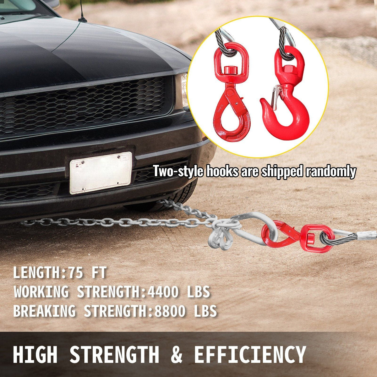 Galvanized Steel Winch Cable, 3/8\" x 75\' - Wire Rope with Hook, 8800 Lbs Breaking Strength - Towing Cable Heavy Duty, 6x19 Strand Core - for Rollback, Crane, Wrecker, Tow Truck