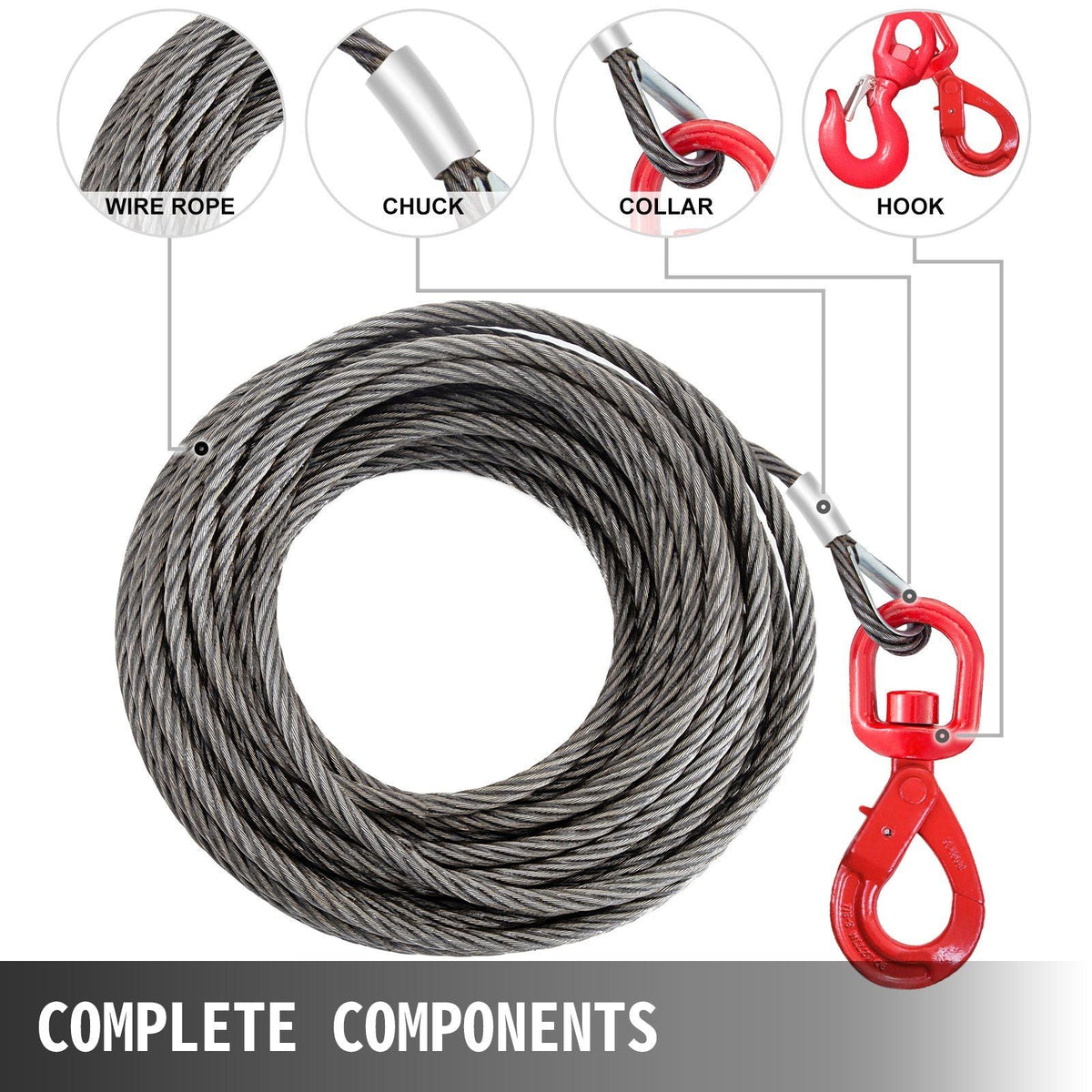 Galvanized Steel Winch Cable, 3/8\" x 75\' - Wire Rope with Hook, 8800 Lbs Breaking Strength - Towing Cable Heavy Duty, 6x19 Strand Core - for Rollback, Crane, Wrecker, Tow Truck