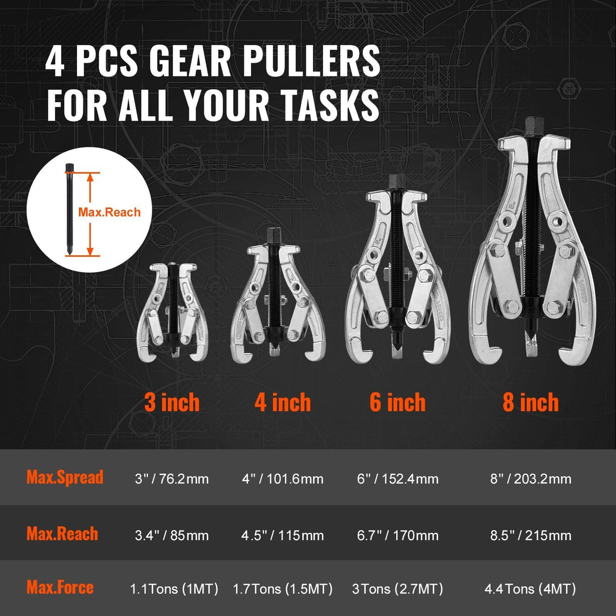 Gear Puller Set, 3" 4" 6" 8" Puller Kit, 3 Jaw Gear Bearing Flywheel Pulley Removal Tool, 2 or 3 Reversible Jaws Wheel Puller, Vertically and Horizontally, External and Internal, 4-Piece