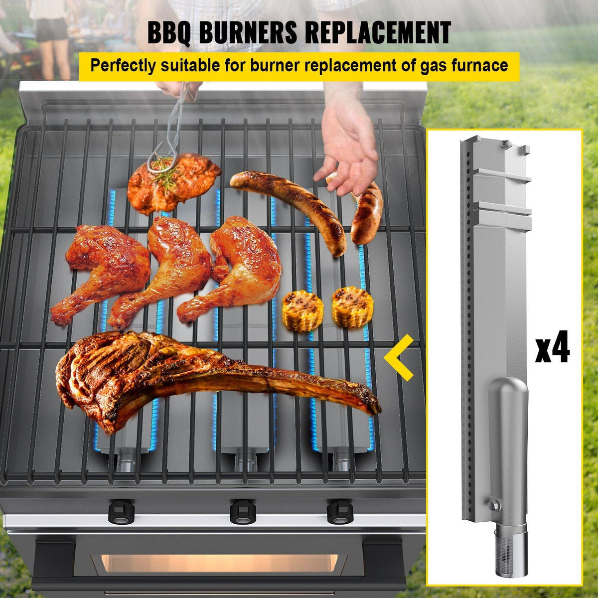 Grill Burners, Stainless Steel BBQ Burners Replacement, 4 Packs Grill Burner Replacement, Flame Grill with 15.9" Length Barbecue Replacement Parts with Evenly Burning for for Premium Gas Grills