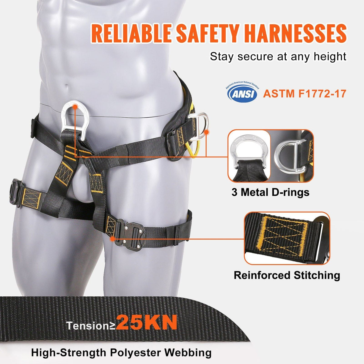 Half Body Safety Harness, Tree Climbing Harness with Added Padding on Waist and Leg, Half Protection Harness 340 lbs, ASTM F1772-17 Certification, for Fire Rescuing Caving Rock Climbing
