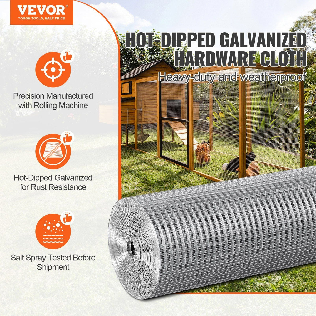 Hardware Cloth, 1/2 inch 24in x 100 ft 19 Gauge, Hot Dipped Galvanized Wire Mesh Roll, Chicken Wire Fencing, Wire Mesh for Rabbit Cages, Garden, Small Rodents