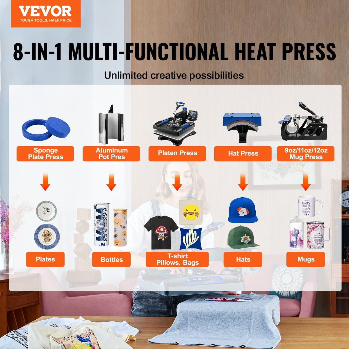 Heat Press Machine 15 x 15 Inch 8 in 1 Heat Press 800W Sublimation Machine 360° Rotation Swing Away 8 in 1 Shirt Printing Machine Dual-Tube Heating for DIY T-Shirts Cap & Mugs Blue