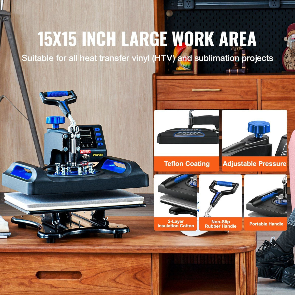 Heat Press Machine 15 x 15 Inch 8 in 1 Heat Press 800W Sublimation Machine 360° Rotation Swing Away 8 in 1 Shirt Printing Machine Dual-Tube Heating for DIY T-Shirts Cap & Mugs Blue