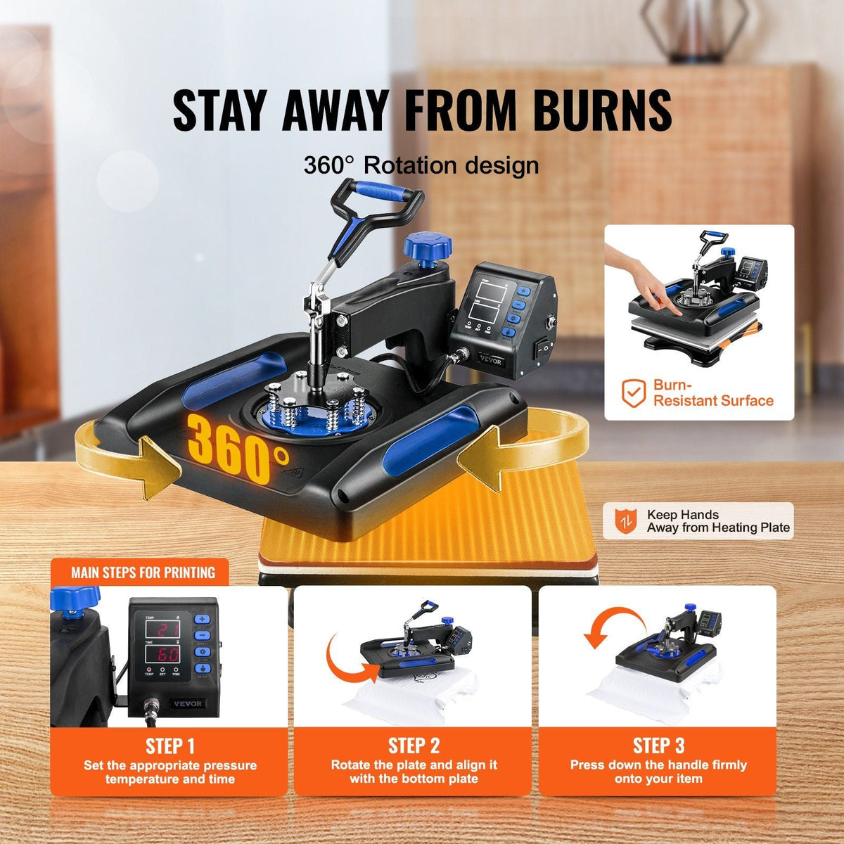 Heat Press Machine 15 x 15 Inch 8 in 1 Heat Press 800W Sublimation Machine 360° Rotation Swing Away 8 in 1 Shirt Printing Machine Dual-Tube Heating for DIY T-Shirts Cap & Mugs Blue