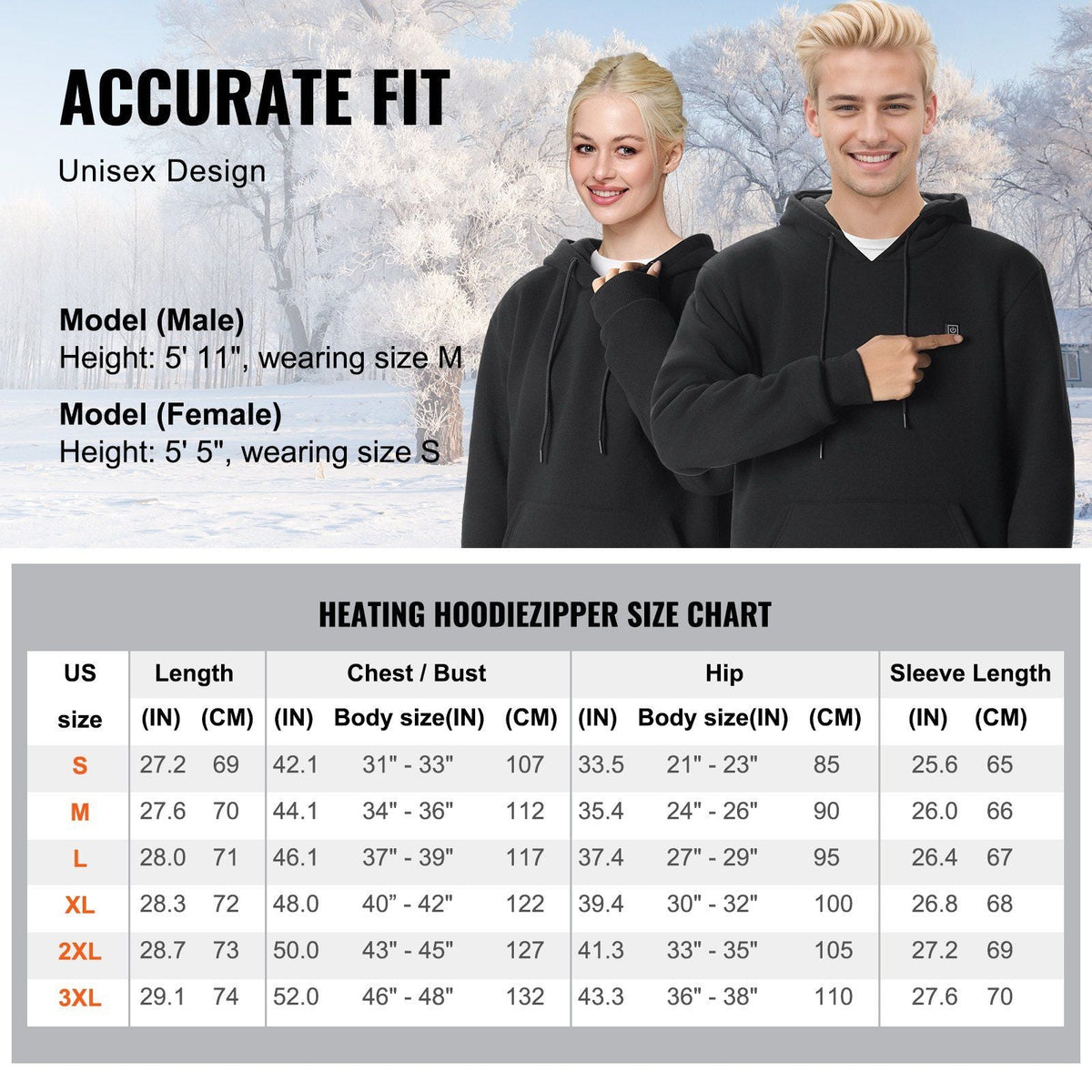Heated Hoodie Sweatshirt Unisex with Battery for Men & Women L Size Black