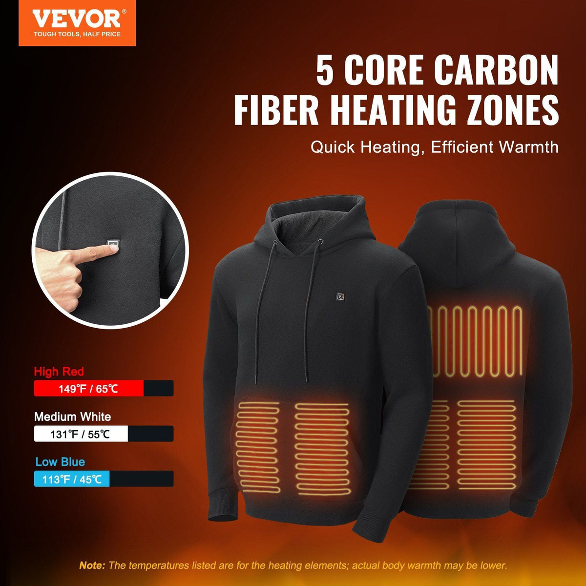 Heated Hoodie Sweatshirt Unisex with Battery for Men & Women L Size Black