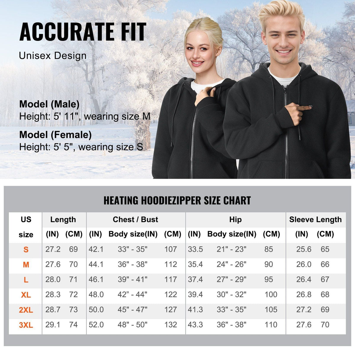 Heated Hoodie Sweatshirt Zip Up Unisex with Battery for Men&Women XXL Black