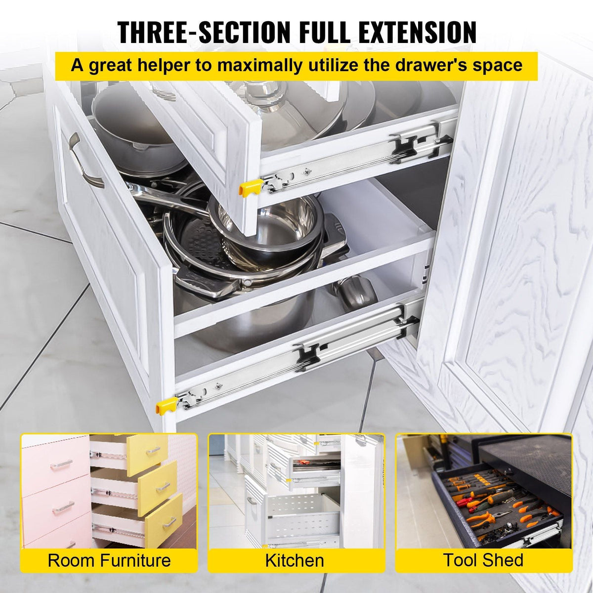 Heavy Duty Drawer Slides 2PCS Drawer Slides 36" Locking Drawer Slides 250LBS Capacity Heavy Duty Slides Three Section Full Extension Drawer Slide Cold-Rolled Steel Industrial Drawer Slides