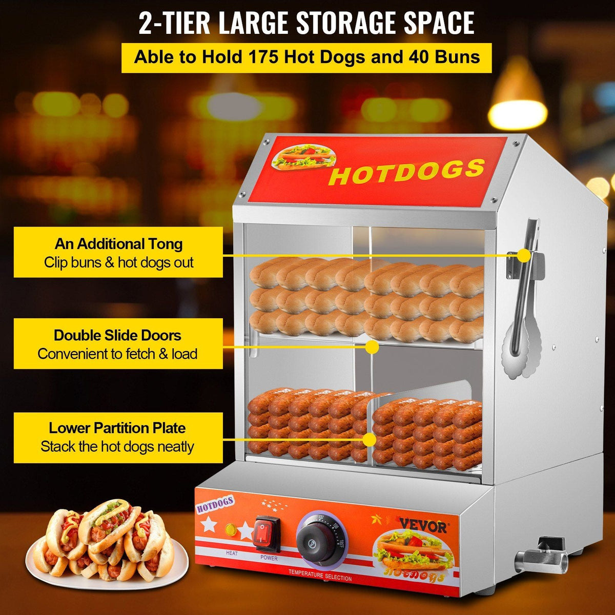 Hot Dog Steamer, 27L/24.52Qt, 2-Tier Hut Steamer for 175 Hot Dogs & 40 Buns, Electric Bun Warmer Cooker with Tempered Glass Slide Doors Partition Plate Food Clip PTFE Tape, Stainless Steel