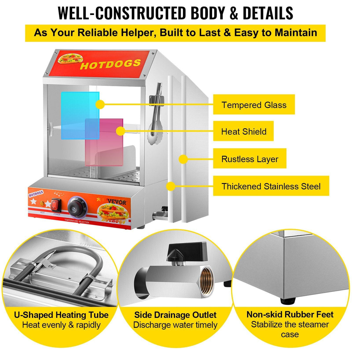 Hot Dog Steamer, 27L/24.52Qt, 2-Tier Hut Steamer for 175 Hot Dogs & 40 Buns, Electric Bun Warmer Cooker with Tempered Glass Slide Doors Partition Plate Food Clip PTFE Tape, Stainless Steel