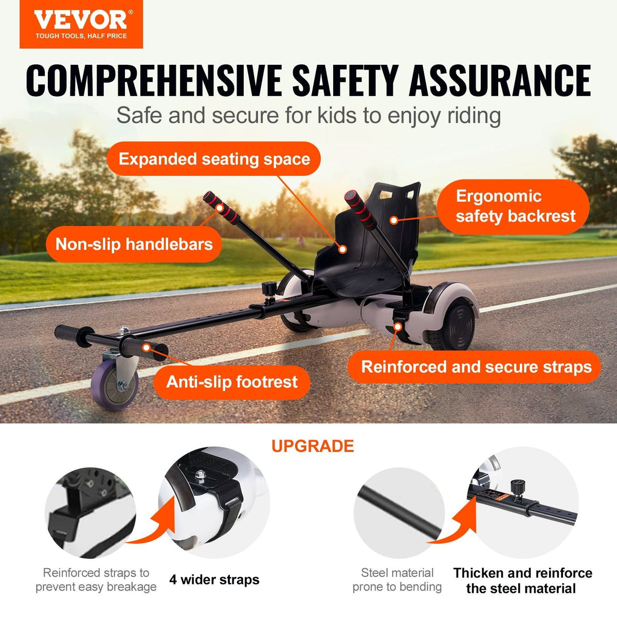 Hoverboard Seat Attachment, Compatible with All 6.5" 8" 8.5" 10" Hoverboards, Grips Control, Adjustable Frame Length and 220 LBS Load Capacity, Hover Board Go Karts Accessory, for Kids Adults