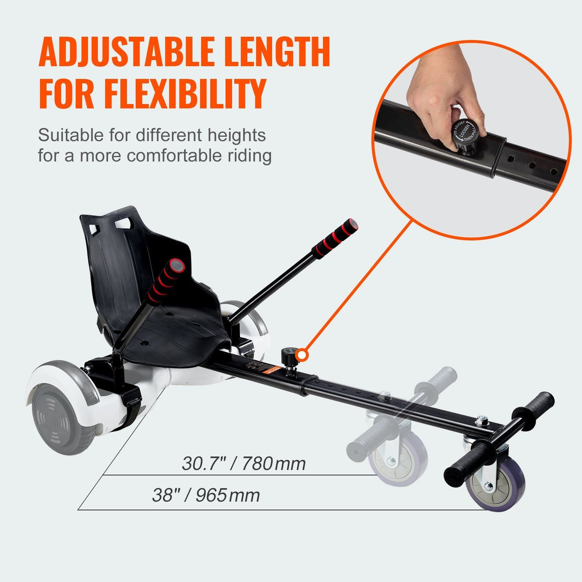 Hoverboard Seat Attachment, Compatible with All 6.5" 8" 8.5" 10" Hoverboards, Grips Control, Adjustable Frame Length and 220 LBS Load Capacity, Hover Board Go Karts Accessory, for Kids Adults