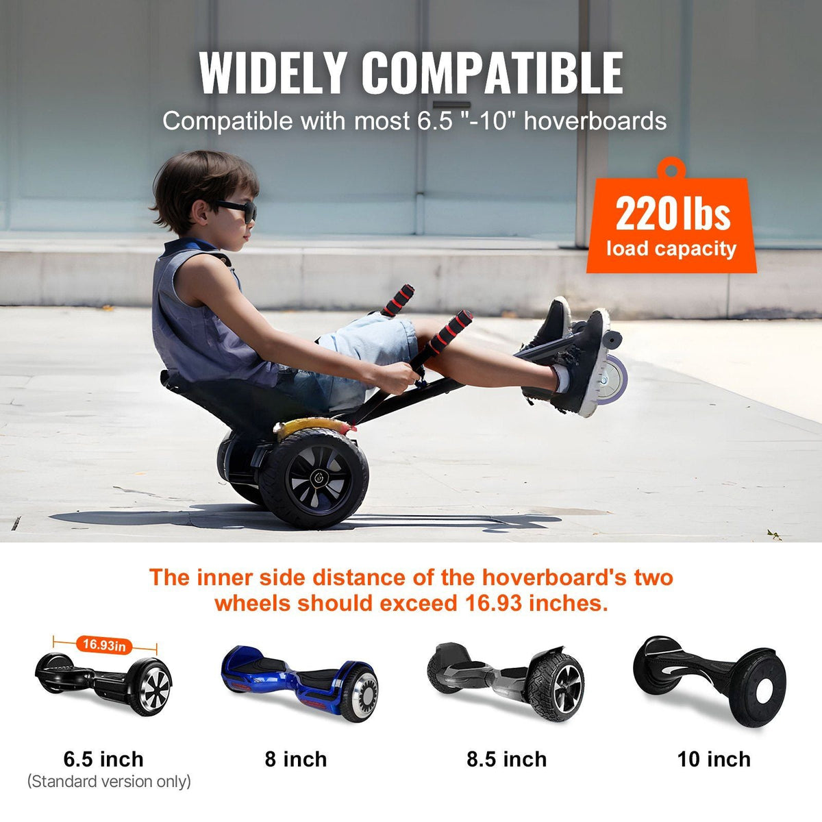 Hoverboard Seat Attachment, Compatible with All 6.5" 8" 8.5" 10" Hoverboards, Grips Control, Adjustable Frame Length and 220 LBS Load Capacity, Hover Board Go Karts Accessory, for Kids Adults