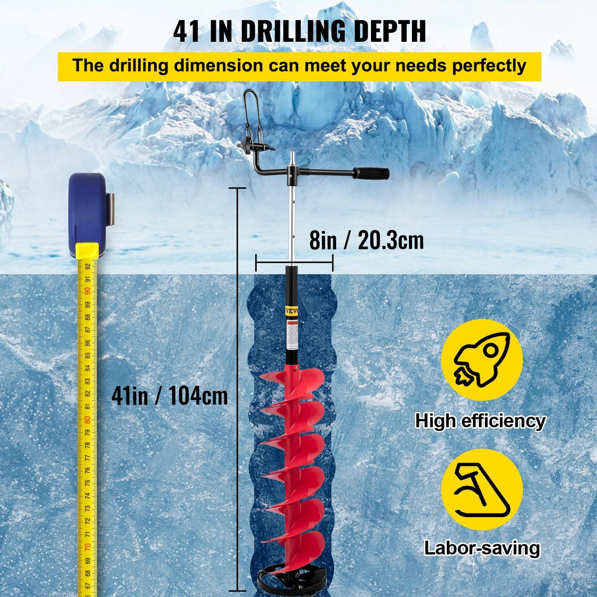 Ice Drill Auger, 8'' Diameter Nylon Ice Auger, 41'' Length Ice Auger Bit, Auger Drill w/ 14'' Adjustable Extension Rod, Rubber Handle, Drill Adapter, Replaceable Auger Blade for Ice Fishing Red