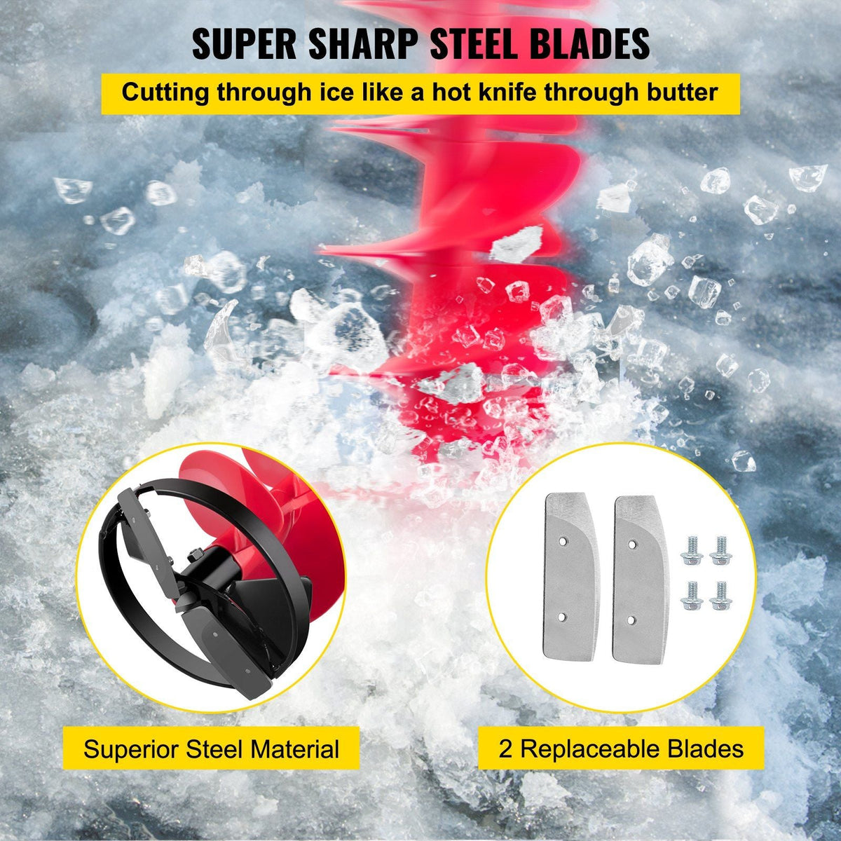 Ice Drill Auger, 8'' Diameter Nylon Ice Auger, 41'' Length Ice Auger Bit, Auger Drill w/ 14'' Adjustable Extension Rod, Rubber Handle, Drill Adapter, Replaceable Auger Blade for Ice Fishing Red