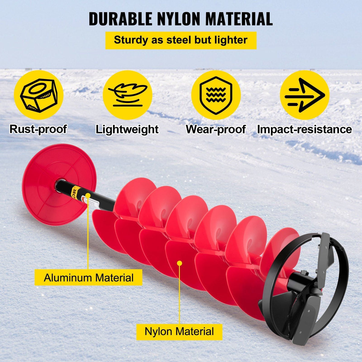 Ice Drill Auger, 8'' Diameter Nylon Ice Auger, 41'' Length Ice Auger Bit, Auger Drill w/ 14'' Adjustable Extension Rod, Rubber Handle, Drill Adapter, Replaceable Auger Blade for Ice Fishing Red