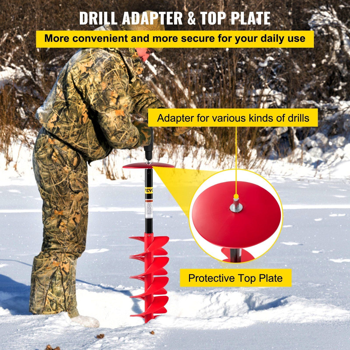 Ice Drill Auger, 8'' Diameter Nylon Ice Auger, 41'' Length Ice Auger Bit, Auger Drill w/ 14'' Adjustable Extension Rod, Rubber Handle, Drill Adapter, Replaceable Auger Blade for Ice Fishing Red
