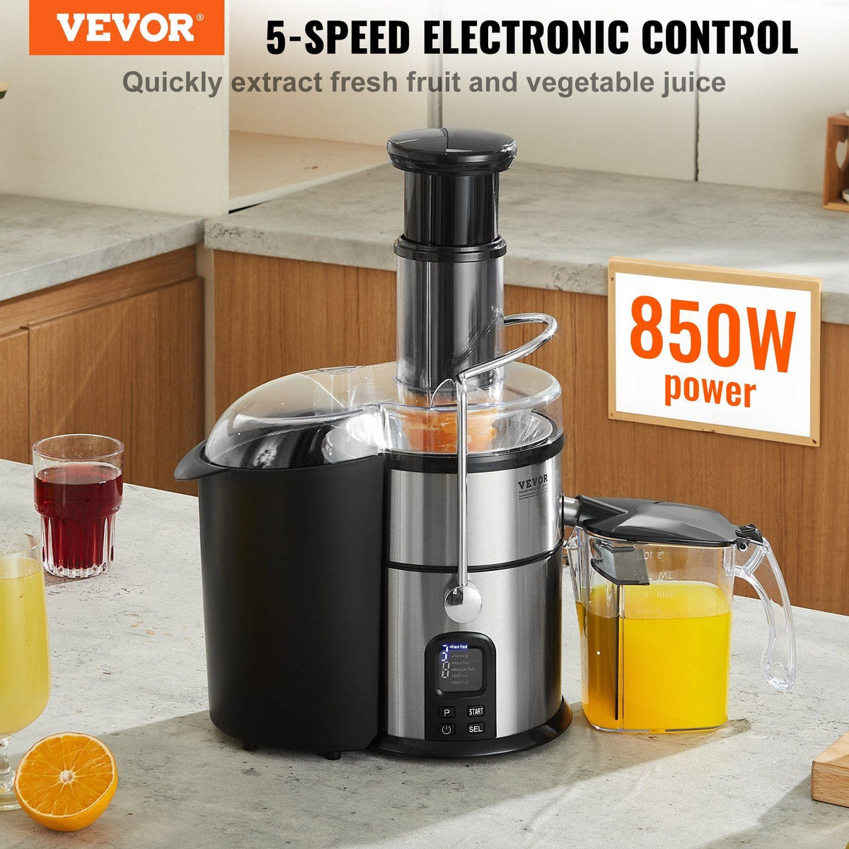 Juicer Machine, 850W Motor Centrifugal Juice Extractor, Easy Clean Centrifugal Juicers, Big Mouth Large 3" Feed Chute for Fruits and Vegetables, 5 Speeds Juice Maker, Stainless Steel, BPA Free
