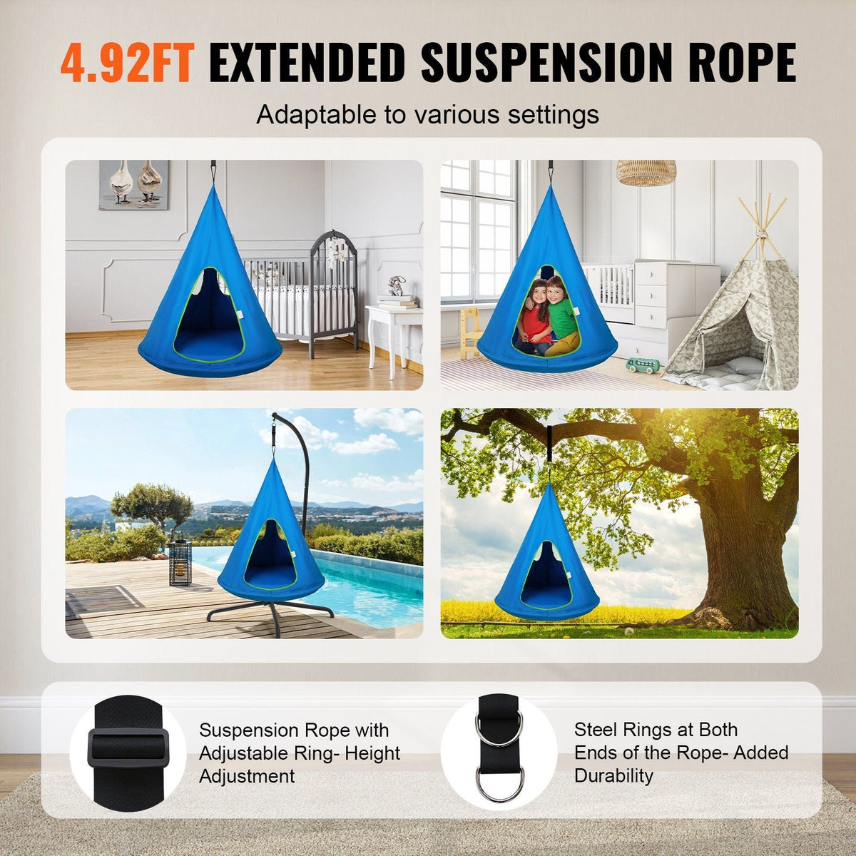 Kids Nest Swing Chair, Hanging Hammock Chair with Adjustable Rope, Hammock Swing Chair for Kids Indoor and Outdoor Use (39" D x 52" H), 250lbs Weight Capacity, Sensory Swing for Kids, Blue