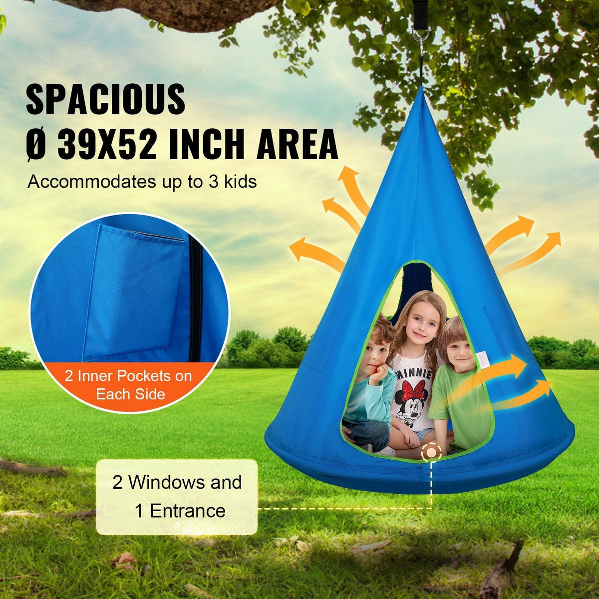 Kids Nest Swing Chair, Hanging Hammock Chair with Adjustable Rope, Hammock Swing Chair for Kids Indoor and Outdoor Use (39" D x 52" H), 250lbs Weight Capacity, Sensory Swing for Kids, Blue