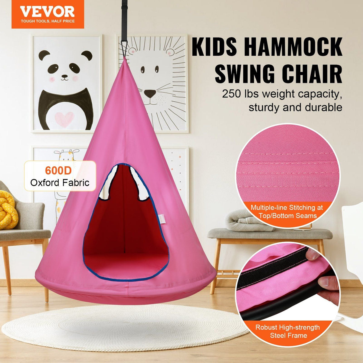 Kids Nest Swing Chair, Hanging Hammock Chair with Adjustable Rope, Hammock Swing Chair for Kids Indoor and Outdoor Use (39" D x 52" H), 250lbs Weight Capacity, Sensory Swing for Kids, Pink