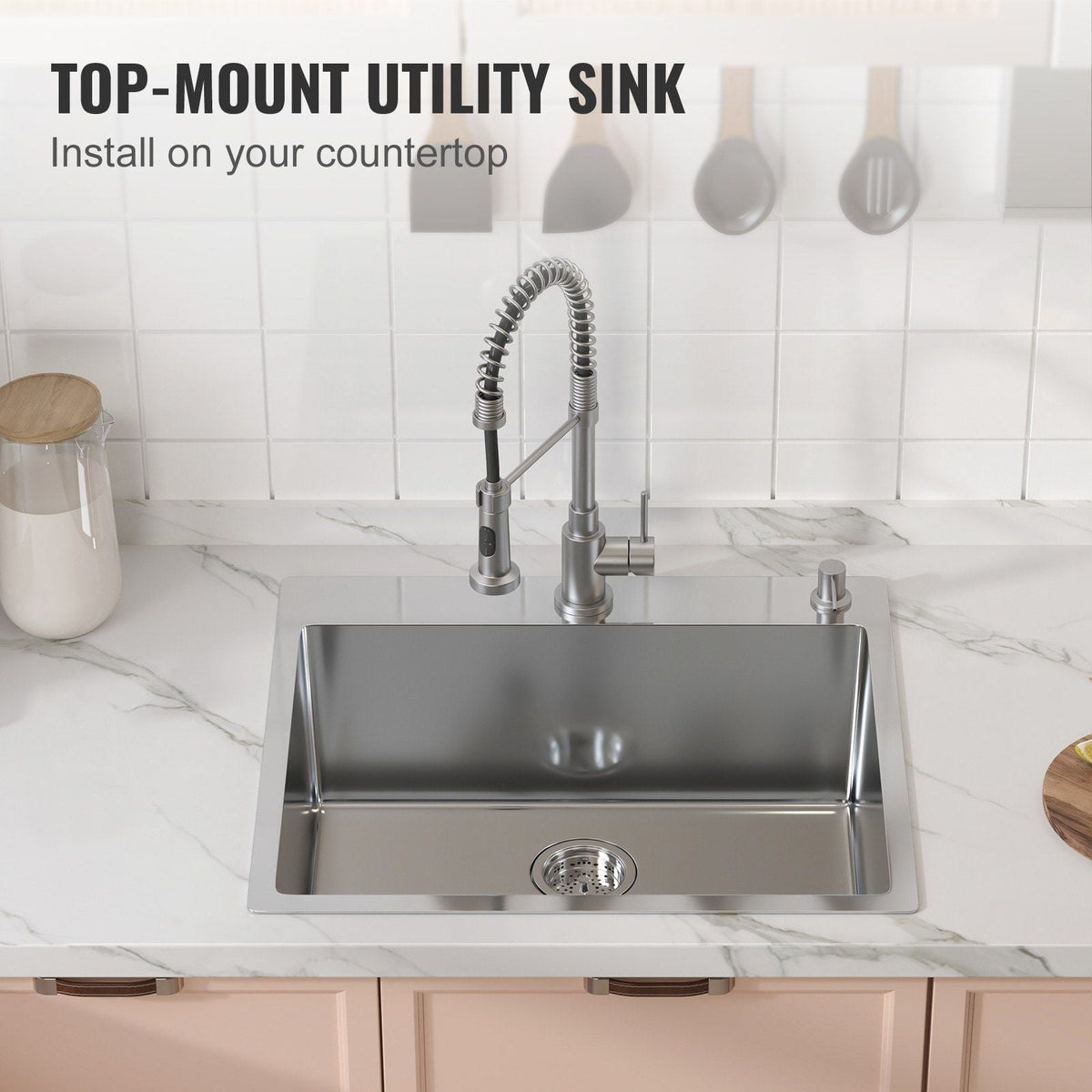 Kitchen Sink, 304 Stainless Steel Drop-In Sinks, Top Mount Single Bowl Basin with Accessories(Pack of 2), Household Dishwasher Sinks for Workstation, RV, Prep Kitchen, and Bar Sink, 25 inch