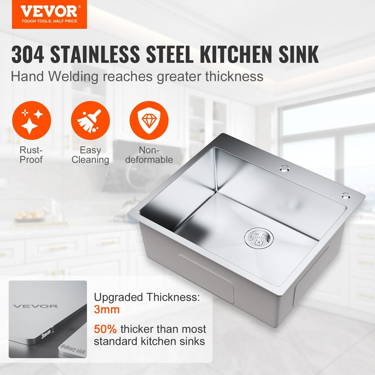 Kitchen Sink, 304 Stainless Steel Drop-In Sinks, Top Mount Single Bowl Basin with Accessories(Pack of 2), Household Dishwasher Sinks for Workstation, RV, Prep Kitchen, and Bar Sink, 25 inch