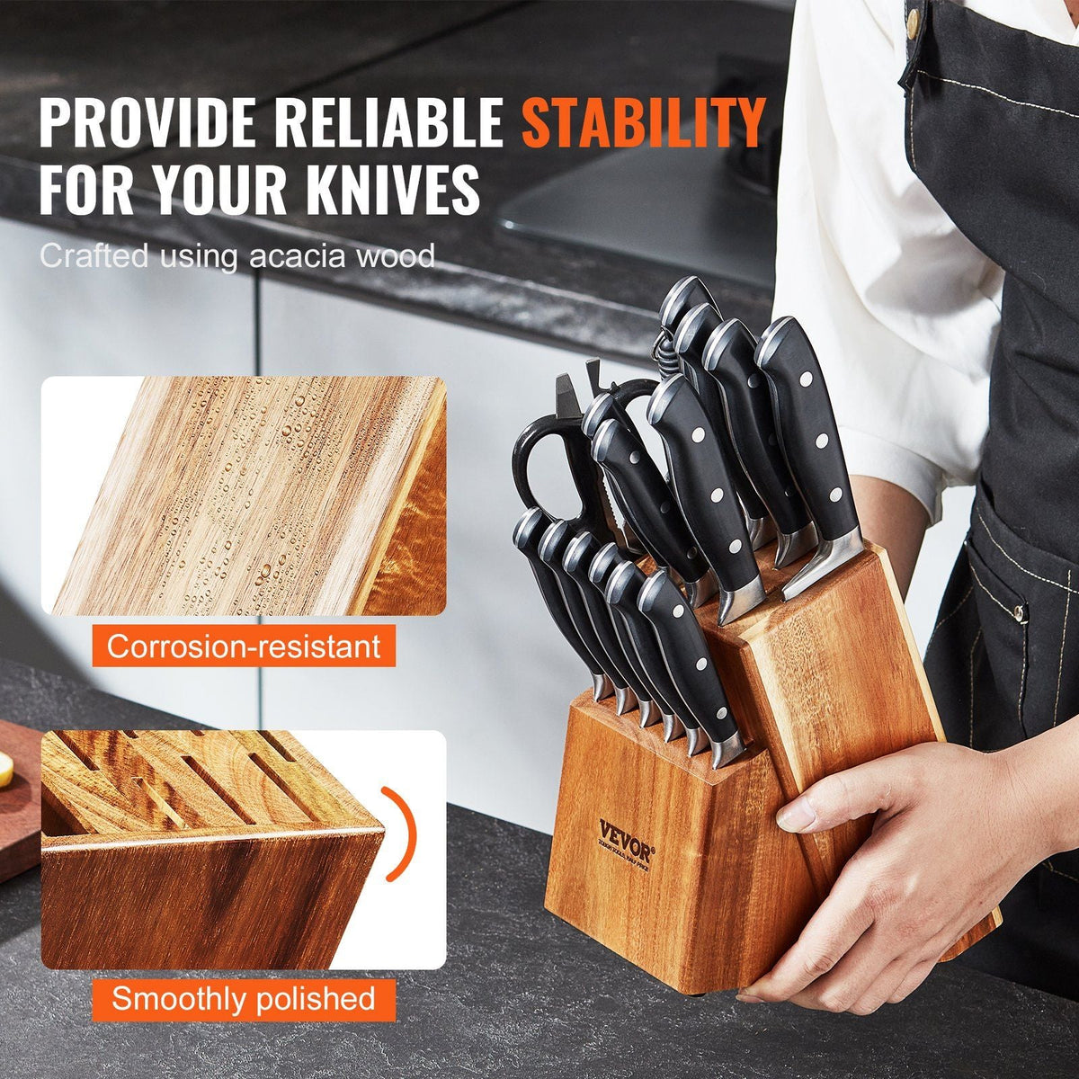 Knife Storage Block 15 Slots, Acacia Wood Universal Knife Holders Without Knives, Large Countertop Butcher Block Knife Organizer, Multifunctional Knife Rack Stand for Easy Kitchen Storage