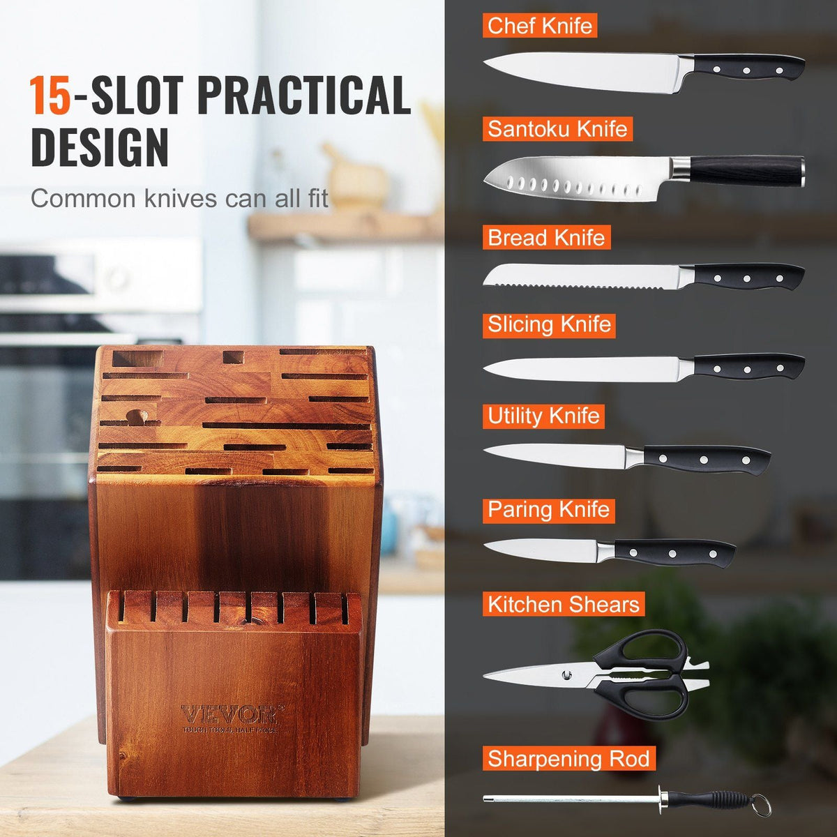 Knife Storage Block 15 Slots, Acacia Wood Universal Knife Holders Without Knives, Large Countertop Butcher Block Knife Organizer, Multifunctional Knife Rack Stand for Easy Kitchen Storage