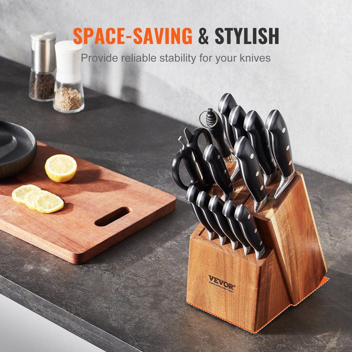 Knife Storage Block 15 Slots, Acacia Wood Universal Knife Holders Without Knives, Large Countertop Butcher Block Knife Organizer, Multifunctional Knife Rack Stand for Easy Kitchen Storage
