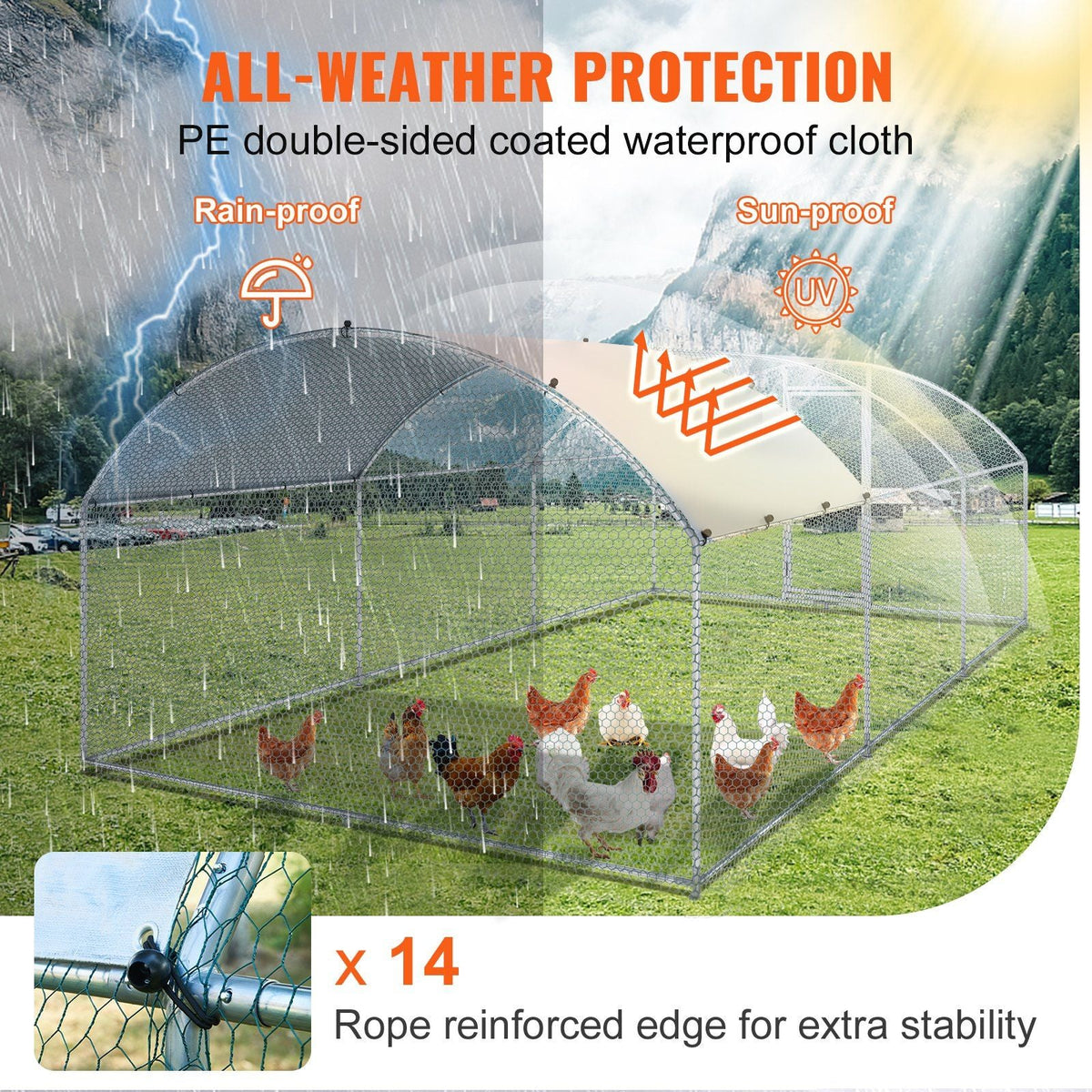 Large Metal Chicken Coop with Run, 19.7x9.8x6.6ft, Walkin Poultry Cage for Yard with Waterproof Cover, Dome Roof Large Poultry Cage for Hen House, Duck and Rabbit, Silver