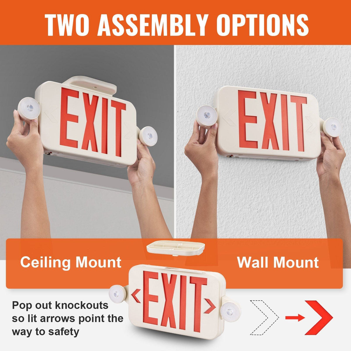 LED Exit Sign with Emergency Lights, Two LED Adjustable Heads Emergency Exit Light with Battery Backup, Combo Red Letter Fire Exit Lighting, Commercial Exit Signs, Tested to UL Standards, 4 Pack