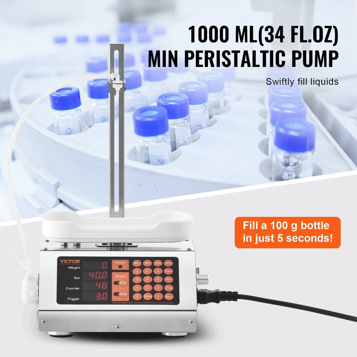 Liquid Filling Machine, 5-50 g Weighing Capacity, Automatic Bottle Filler Machine, Bottling Machine Peristaltic Pump Digital Control for Milk, Water, Wine, Beverage, Soy Sauce (Single Nozzle)