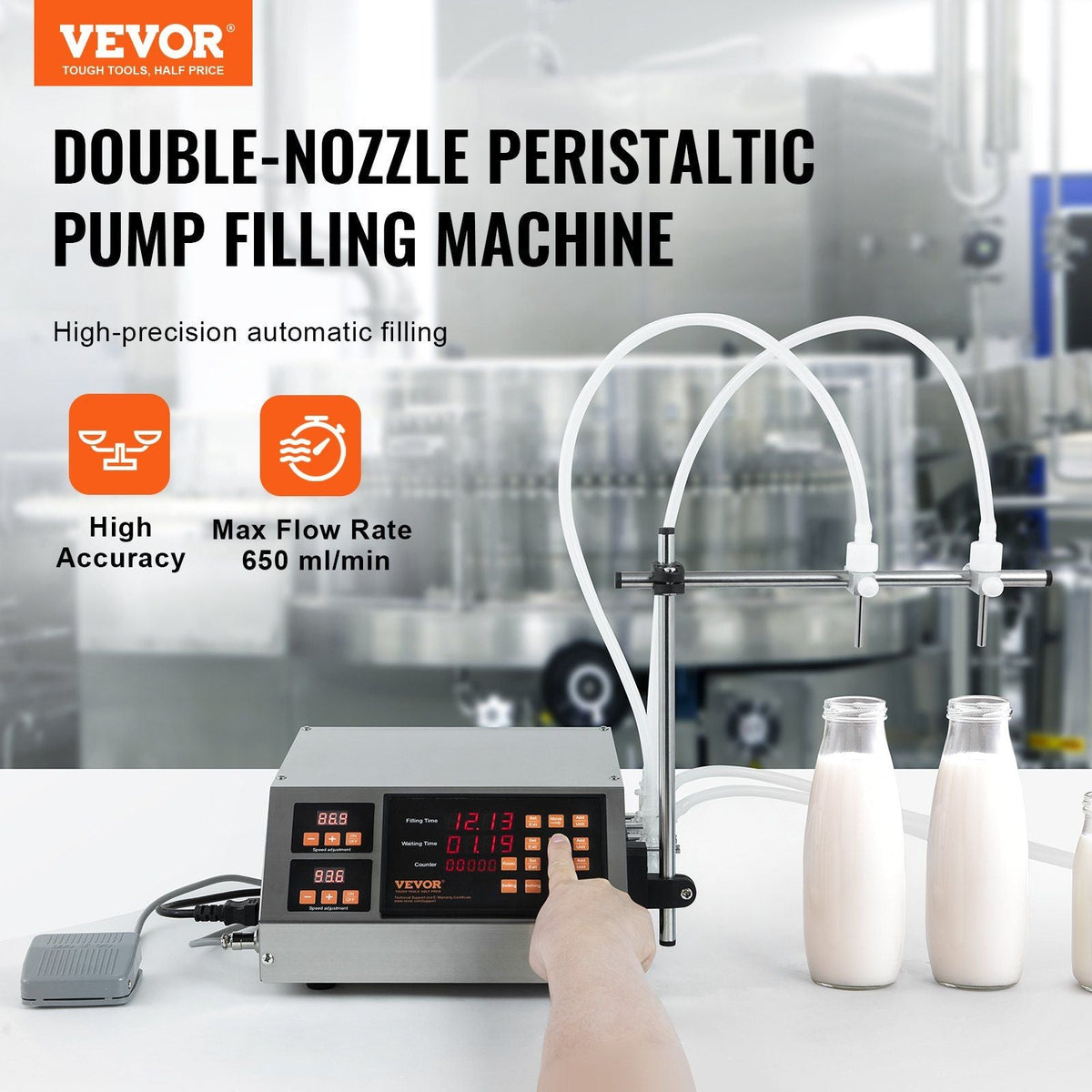 Liquid Filling Machine, 5-650ml Filling Capacity, Automatic Bottle Filler Machine, Bottling Machine Peristaltic Pump Digital Control for Milk, Water, Wine, Beverage, Soy Sauce (Double Nozzle)