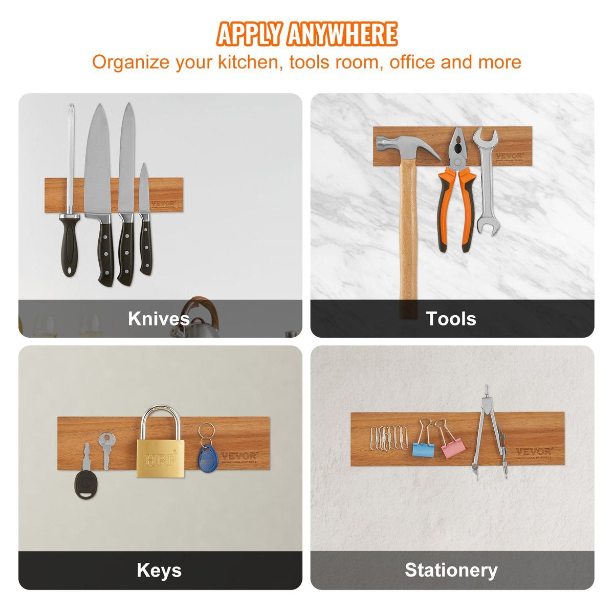 Magnetic Knife Holder with Enhanced Strong Magnet, 10" No Drilling Knife Strips Organizer for Wall, Multifunctional Storage Acacia Wood Knives Rack, Knife Bar for Kitchen Knives, Utensils, Tools